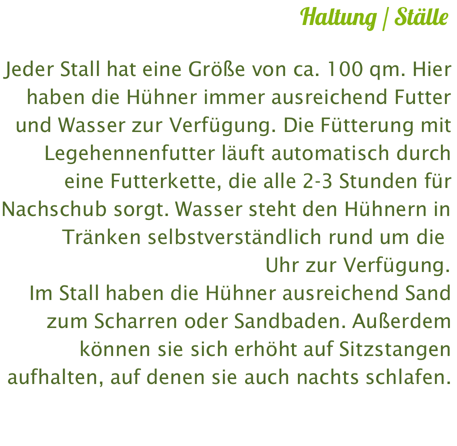 Haltung / Ställe  Jeder Stall hat eine Größe von ca. 100 qm. Hier haben die Hühner immer ausreichend Futter und Wasser zur Verfügung. Die Fütterung mit Legehennenfutter läuft automatisch durch eine Futterkette, die alle 2-3 Stunden für Nachschub sorgt. Wasser steht den Hühnern in Tränken selbstverständlich rund um die Uhr zur Verfügung. Im Stall haben die Hühner ausreichend Sand zum Scharren oder Sandbaden. Außerdem können sie sich erhöht auf Sitzstangen aufhalten, auf denen sie auch nachts schlafen.